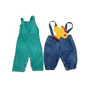 Health-Tex Vtg Baby 6M Green Corduroy and Unbranded Denim Airplane Overalls